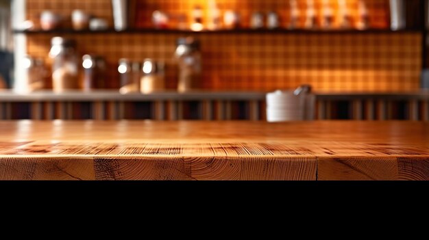 Uma mesa de madeira vazia atrás do balcão em uma cafeteria Generative AI