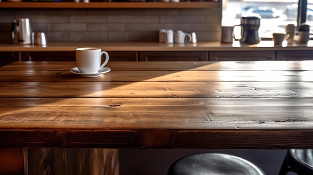 Uma mesa de madeira vazia atrás do balcão em uma cafeteria Generative AI