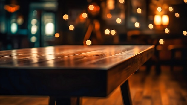 Uma mesa de madeira vazia com luzes borradas sobre ela