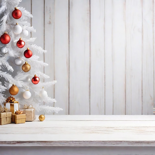 Uma mesa de madeira vazia com um fundo de Natal brilhante gerado pela IA