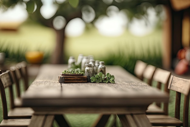 Uma mesa de madeira vazia com uma festa no jardim ao fundo Ilustração AI Generative