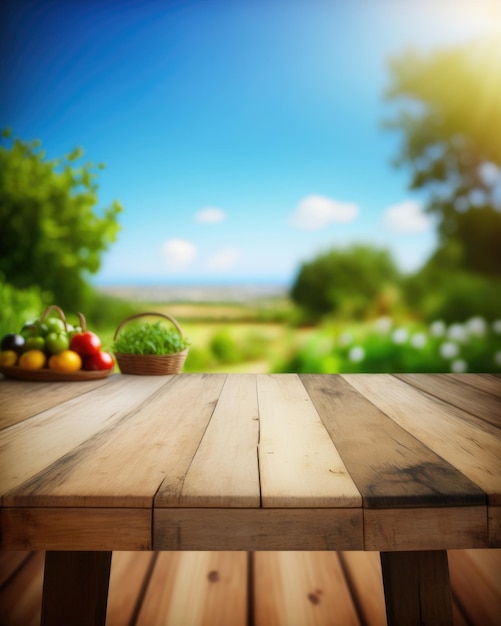 Uma mesa de madeira vazia fica diante de uma horta e céu azul Generative AI