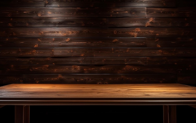 Uma mesa de madeira vazia para apresentação com fundo escuro e iluminação embutida isolada