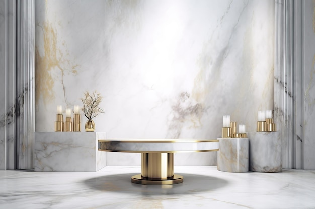 Uma mesa de mármore com anéis de ouro e velas