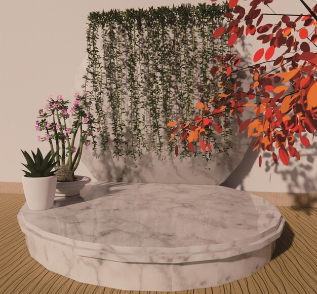 Foto uma mesa de mármore com plantas e um vaso com folhas vermelhas.