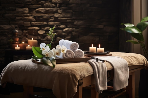 Uma mesa de massagem em um salão de spa adornada com toalhas, flores e pedras