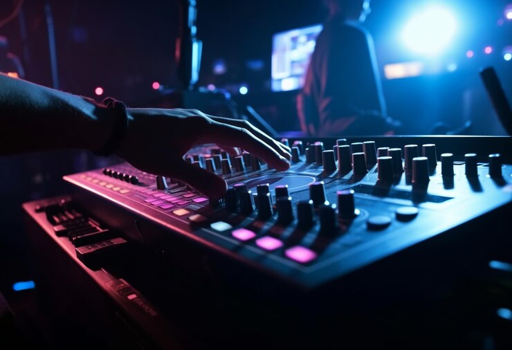 Foto uma mesa de mixagem de dj com o equipamento de dj nela