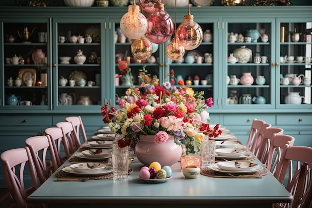 Foto uma mesa de páscoa adornada com ovos lindamente decorados criando uma atmosfera festiva de férias