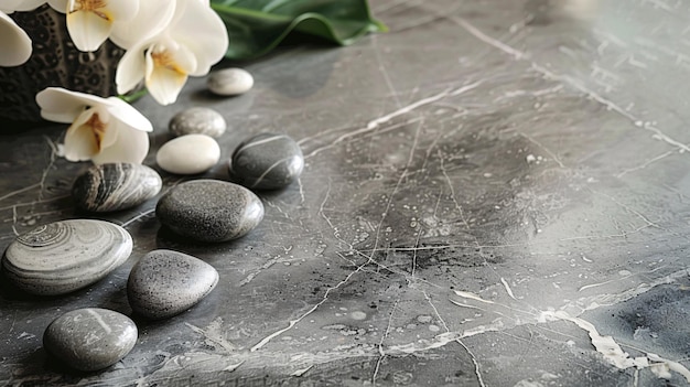 uma mesa de pedra com pedras e uma flor sobre ela empilhados pedras ilustração meditação relaxamento ioga