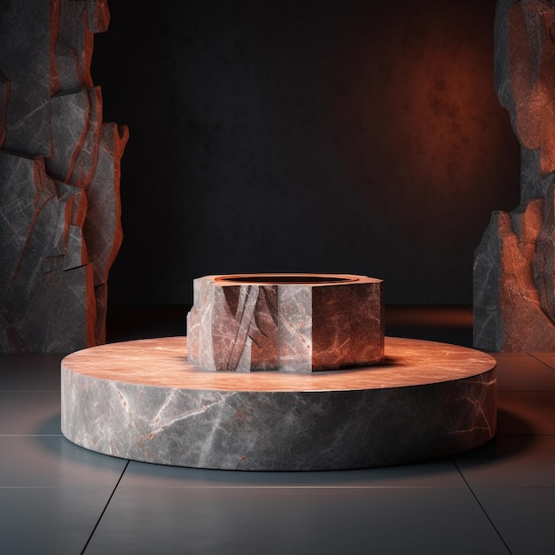 uma mesa de pedra com uma pedra e uma escultura de pedra sobre ela
