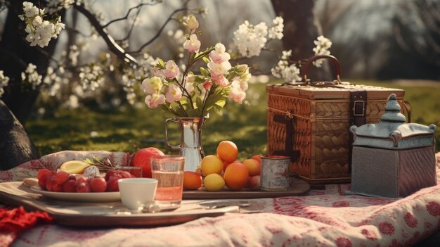 Uma mesa de piquenique com flores, frutas e chá