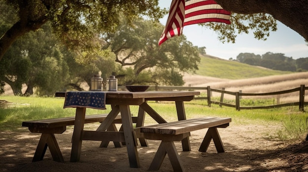 Uma mesa de piquenique com uma bandeira americana pendurada em uma árvore