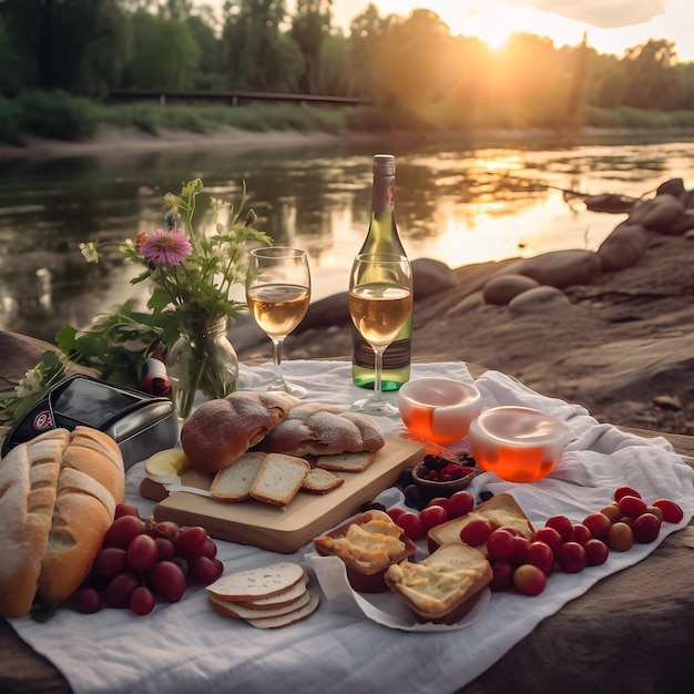 Uma mesa de piquenique com uma garrafa de vinho e queijo e uma garrafa de vinho.