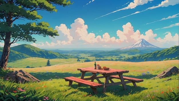 uma mesa de piquenique e uma paisagem de montanha