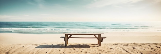 Uma mesa de piquenique na praia com o mar ao fundo