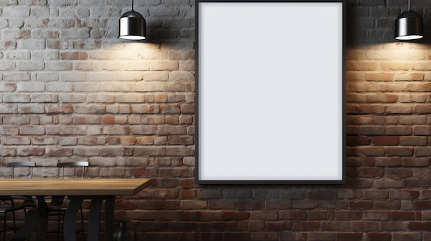 Uma mesa de restaurante com cartaz branco e parede de tijolos