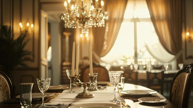 Foto uma mesa de sala de jantar com um lustre e candelabros
