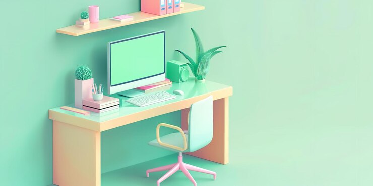 Foto uma mesa de trabalho com uma cadeira de monitor de computador e prateleiras é retratada em três dimensões usando isometria em um fundo verde pastel.