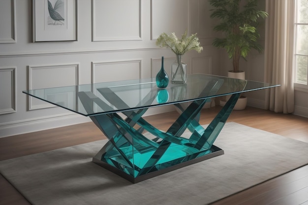 uma mesa de vidro numa sala ai generativa