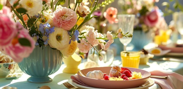 Foto uma mesa decorada com vaso de vidro de cor pastel de flores e comida