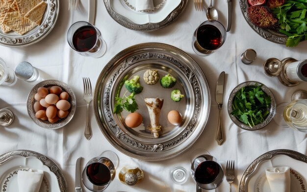 Foto uma mesa do seder da páscoa de cima exibindo alimentos tradicionais, vinho matzah e elegantes pratas de prata em um pano branco
