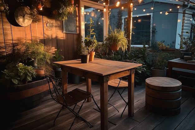 Uma mesa e cadeiras de madeira em um jardim com floreira e fios de luz pendurados no teto.