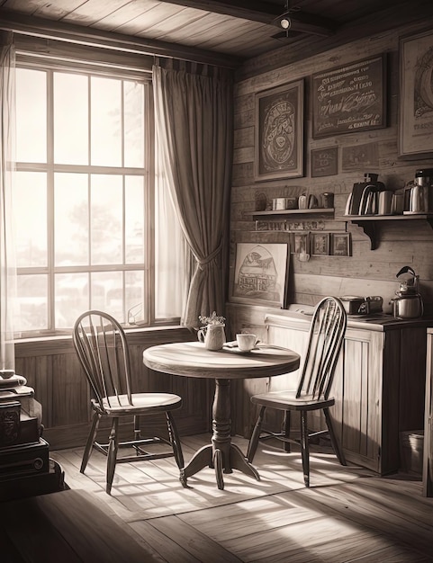 uma mesa e duas cadeiras em uma sala com janela
