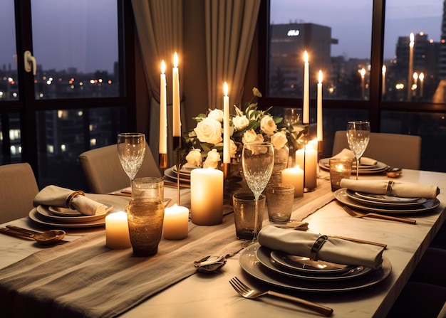 Uma mesa elegante com flores e velas num restaurante de luxo.