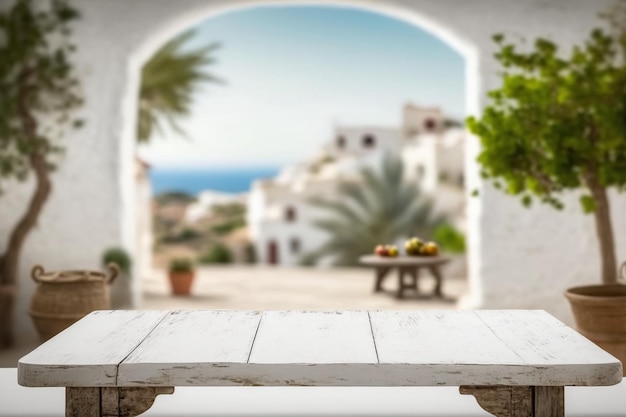 Uma mesa em frente a um arco com vista para uma aldeia mediterrânica
