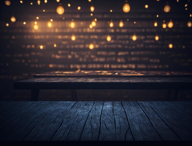 Uma mesa em frente a uma parede de luzes com as palavras "acenda" nela.