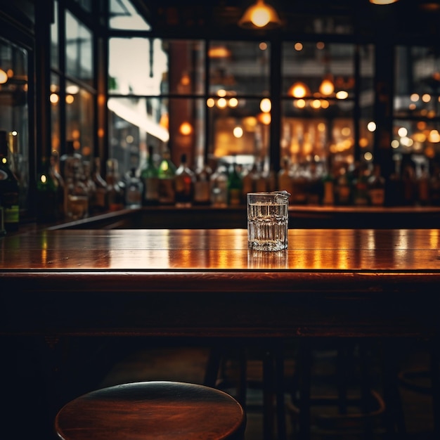 Uma mesa em um bar com um bar ao fundo