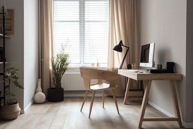 Uma mesa em um home office com uma janela