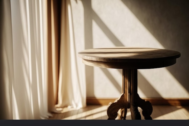 Uma mesa em uma sala com uma janela e o sol brilhando através dela.