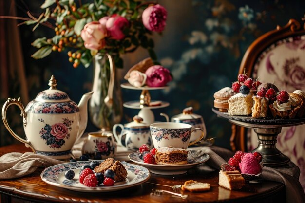 Uma mesa exibindo uma variedade de pratos de comida ao lado de um vaso vibrante cheio de flores frescas Vida morta de um chá vintage da tarde AI Gerado