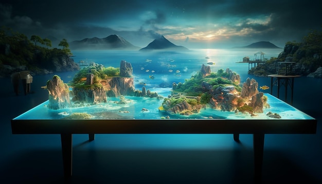 Foto uma mesa feita de telas com vídeo subaquático jogando e estatuetas de paisagens da ilha colocadas ao redor