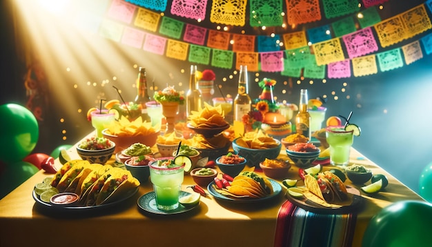 Foto uma mesa festiva cheia de cores sob um papel picado vibrante