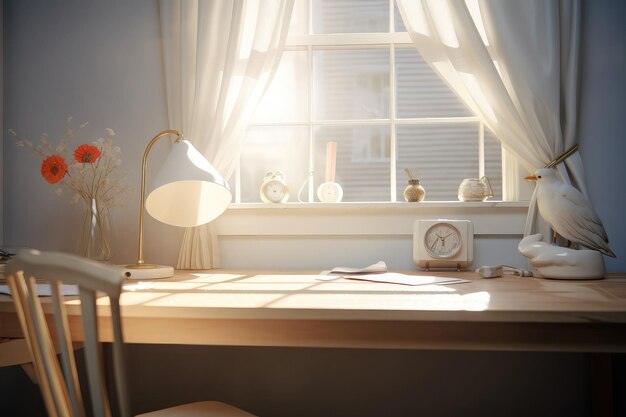 Foto uma mesa junto à janela a luz do sol suave penetra através da janela a tonalidade leve