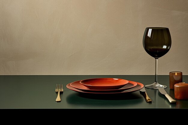 Foto uma mesa laqueada com uma única placa de cerâmica um conjunto de talheres minimalistas e um copo de vinho