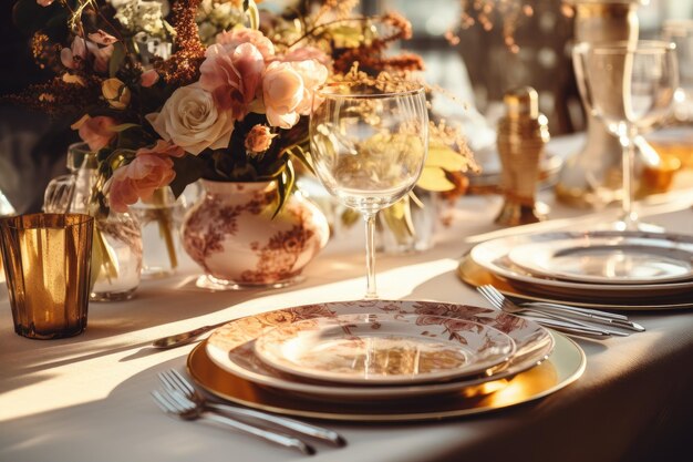 Uma mesa lindamente arrumada para um jantar formal completa com um vaso de flores frescas como peça central Mesa lindamente decorada em um restaurante Fundo claro gerado por IA