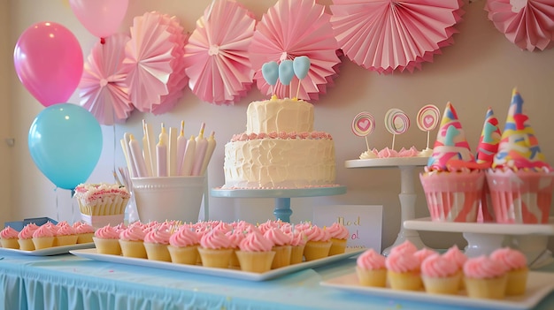 Uma mesa lindamente decorada com um bolo e cupcakes A mesa é colocada com um tema rosa e azul