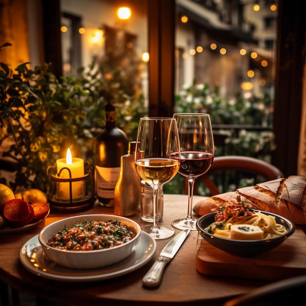 Uma mesa lindamente posta em um restaurante italiano com velas na mesa 2 taças de vinho