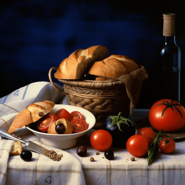 Uma mesa mostra pão e vinho com tomates no estilo azul escuro e bege claro