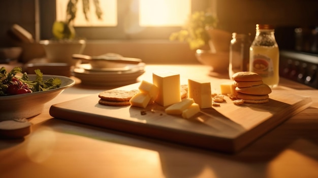 Uma mesa na cozinha com um queijo