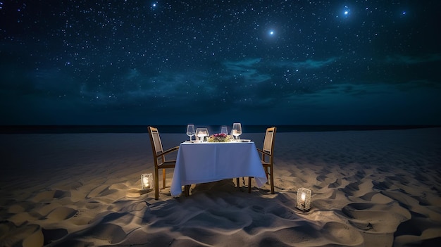 Uma mesa na praia à noite com algumas velas e um céu estrelado