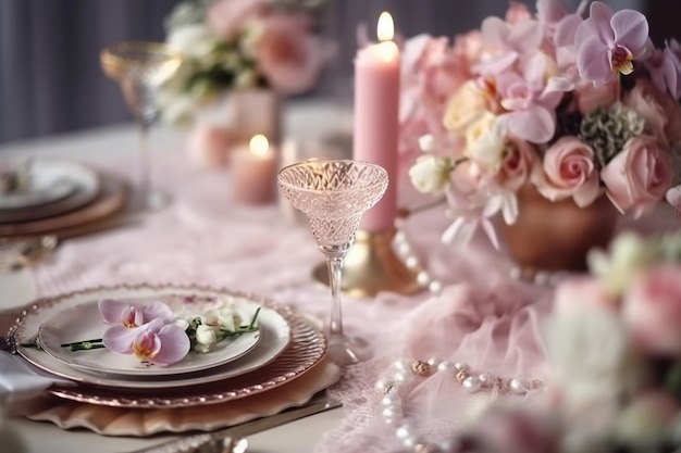 Uma mesa para um casamento com uma toalha de mesa rosa e flores cor de rosa