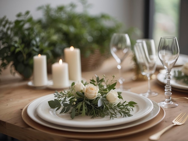 uma mesa posta com um prato branco e uma rosa branca no centro