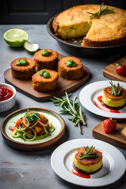 Uma mesa posta emoldurada de cima com diferentes tipos de tons saborosos de comida