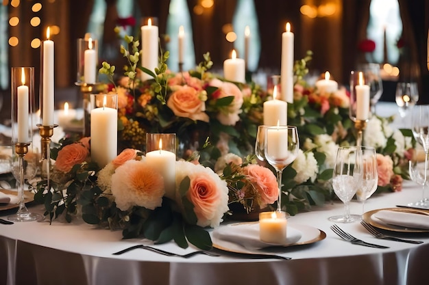 Uma mesa posta para um casamento com flores e velas