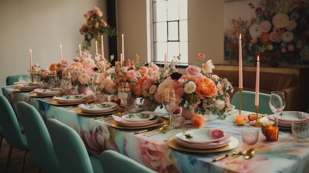 Uma mesa posta para um casamento com flores