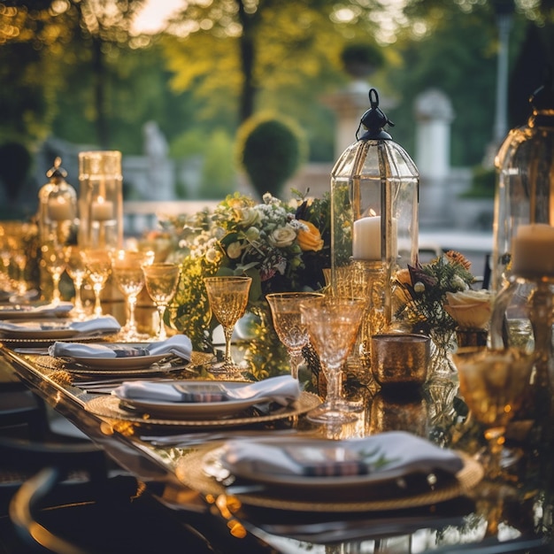 Foto uma mesa posta para um casamento com velas e flores.